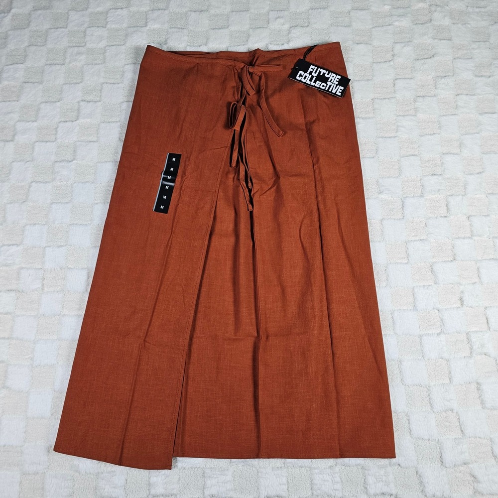 Future Collective Reese Blutstein Rust Orange Linen Blend Wrap Midi Skirt M NWT